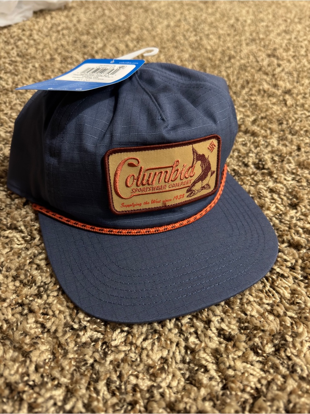 Columbia Ratchet Strap Fish Patch Snapback Hat Blue 5-Panel Vintage Rope Cap